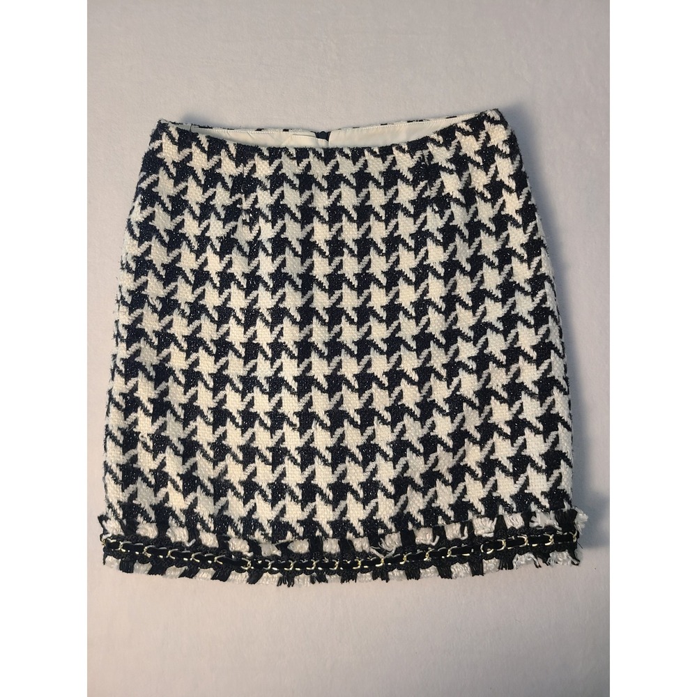 Boston Proper Mini Skirt Wm 4 Black White Houndstooth Chain Fringe Tweed Preppy
